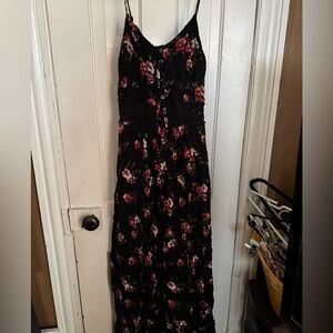 Hollister Black Maxi Dress with Pink and Red Floral Print